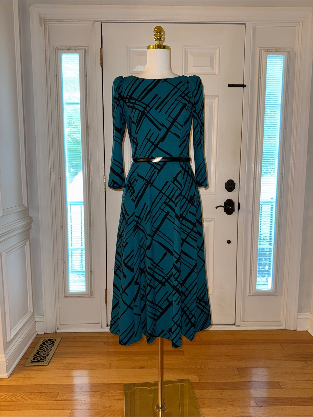 Calvin Klein Teal Dress with Black Abstract Print, Long Sleeve Midi